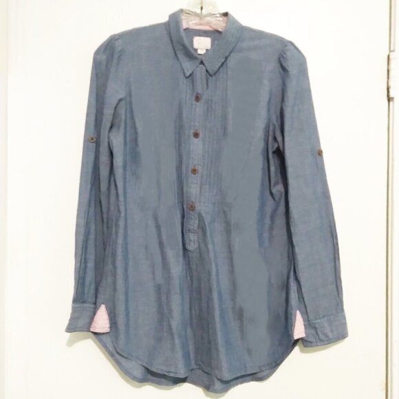 Denim/Chambray Tunic Smock Top/Mini Dress with Pleated & Pink StripedAccents Sz6 - Picture 5 of 9